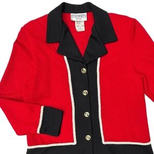 Vintage PETER POPOWITCH Petite Red Black Trim Button  Cardigan Sweater Small